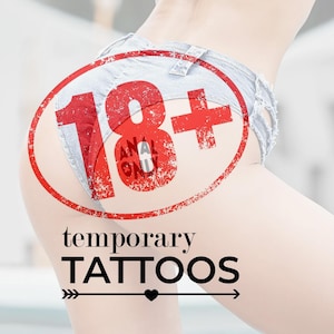 May include: Light blue denim shorts with distressed edges. A large red circle with "18+" and "ANAL ONLY" is printed on the shorts. Below, the words "temporary TATTOOS" are written in a stylized font, with an arrow and heart graphic.