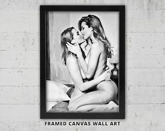 The Kiss, Lesbian Painting, Framed Canvas Wall Art: Sapphic, Pulp Cover Art, BoHo Decor