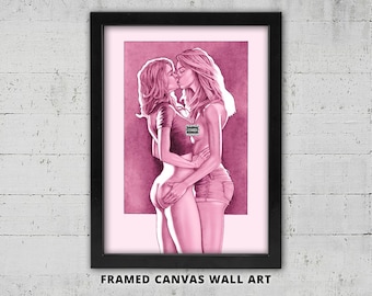 The Kiss, Lesbian Painting, Framed Canvas Wall Art: Sapphic, Pulp Cover Art, Pink Decor
