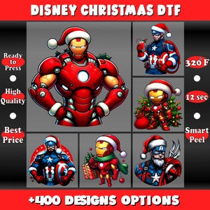 May include: A graphic featuring Disney characters Iron Man and Captain America in Santa hats. The text "DISNEY CHRISTMAS DTF" is at the top, with "Ready to Press", "High Quality", and "Best Price" on the left. The image also includes "+400 DESIGNS OPTIONS".