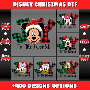 May include: A collection of Disney Christmas DTF (Direct to Film) designs. Each design features a Disney character with the words "JOY To The World" in a plaid pattern. Characters include Mickey, Minnie, Goofy, Donald, Daisy, and Pluto.