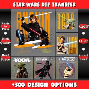 May include: A collection of Star Wars DTF (Direct to Film) transfer designs featuring characters like Anakin, Yoda, Darth Vader, and Obi-Wan. The designs include text such as "Anakin", "Yoda", "Kenobi", and "Obi-Wan". The image also includes text that says "+300 DESIGN OPTIONS".