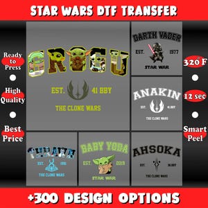 May include: A collection of Star Wars DTF transfer designs featuring characters like Grogu, Darth Vader, Anakin, Baby Yoda, Ahsoka, and Thrawn. The designs include text such as "Ready to Press", "High Quality", and "Best Price". The image also includes temperature and time settings.