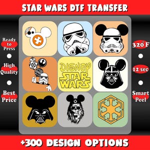 May include: A collection of Star Wars DTF (Direct to Film) transfer designs featuring iconic characters and logos. Designs include BB-8, Stormtroopers, Darth Vader, and the Disney Star Wars logo. The image also includes instructions for pressing.