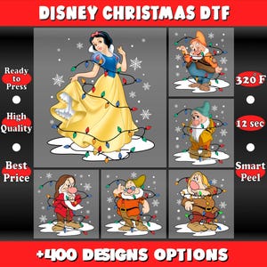 May include: A graphic featuring Disney characters Snow White and the Seven Dwarfs, each adorned with Christmas lights. The image includes text that reads "DISNEY CHRISTMAS DTF" and "+400 DESIGNS OPTIONS."