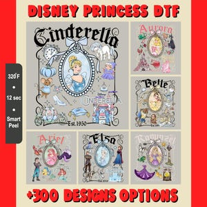 May include: A collection of Disney Princess DTF (Direct to Film) designs. Each design features a princess, including Cinderella, Aurora, Belle, Ariel, Elsa, and Rapunzel, with related imagery. The designs are displayed on a light gray background with the text "+300 DESIGNS OPTIONS".