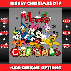 May include: A colorful graphic featuring Disney characters, including Mickey and Minnie Mouse, Donald Duck, and Pluto, with the text "Merry Christmas" and "Christmas." The design is set against a gray background with additional text indicating it is ready to press.