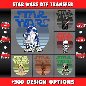 May include: A collection of Star Wars DTF (Direct to Film) transfer designs. The image features various characters like R2-D2, Darth Vader, and a Stormtrooper, along with the Star Wars logo. The text includes "Ready to Press", "High Quality", and "+300 Design Options".