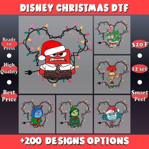 May include: A gray graphic featuring Disney characters in Christmas attire, each outlined by a string of lights in the shape of Mickey Mouse ears. The text "DISNEY CHRISTMAS DTF" is at the top, with additional text indicating "Ready to Press", "High Quality", and "Best Price".