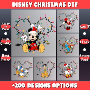 May include: A collection of Disney Christmas DTF designs featuring Mickey Mouse, Minnie Mouse, Goofy, Donald Duck, and Pluto, each adorned with festive lights. The designs include the text "Disney Christmas DTF", "Ready to Press", "High Quality", "Best Price", and "+200 Designs Options".