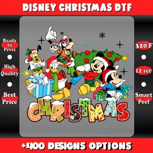May include: A colorful Disney Christmas DTF design featuring Mickey Mouse, Minnie Mouse, Donald Duck, Goofy, and Pluto. The word "CHRISTMAS" is spelled out in festive letters. The design includes a Christmas tree, gifts, and snowflakes. The image also includes the text "Ready to Press", "High Quality", and "Best Price".