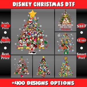 May include: A collection of Disney Christmas DTF (Direct to Film) designs. The designs feature Christmas trees decorated with Disney characters, snowflakes, and text. The image includes text that says "Ready to Press", "High Quality", and "Best Price".
