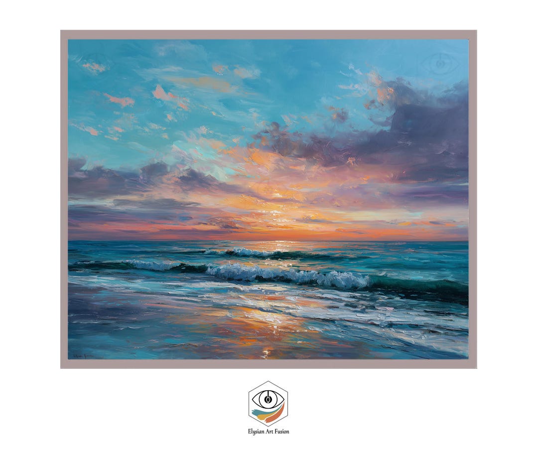 Coastal Sunset Oil Painting Look Beach House Wall Art, Impasto Ocean ...