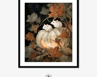 Souris enchantées en illustration de citrouille - décoration murale automne rustique, impression d'Halloween confortable, art animalier de la forêt, décoration de chambre d'enfant effrayante