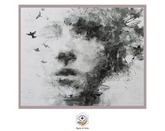 Expressive Abstract Portrait Painting - Black & White Impasto Face Art - Monochromatic Emotional Figure Wall Decor Print
