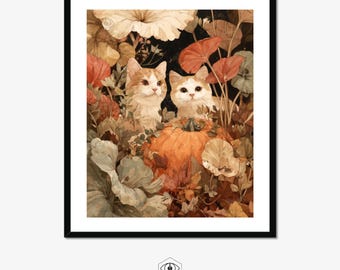 Impresión de Halloween de calabaza y gato pelirrojo: Arte felino otoñal acogedor (descarga digital)
