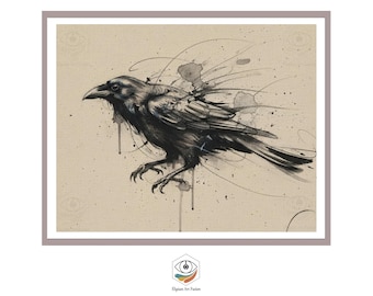 Raven Ink Wash Print: Gothic Crow Sketch, Tattoo Art (Digital Download)