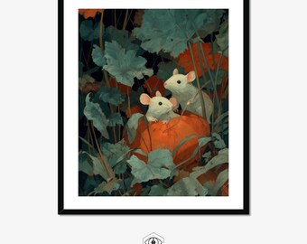Op de afbeelding: Een ingelijste kunstdruk met twee witte muizen op een oranje pompoen, omringd door groene en rode bladeren. Het kunstwerk heeft een donkere, sfeervolle uitstraling, met een zwarte lijst. De print is gesigneerd met de tekst "Elgian Art Fusion".