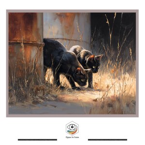 May include: An artistic painting depicts two black cats in a natural setting. The cats are the focal point, with their sleek black fur contrasting against the warm, earthy tones of the background. The artwork has a painterly style.