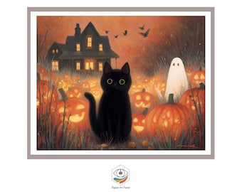 Cute Black Cat and Ghost Painting | Whimsical Halloween Pumpkin Patch Art Print | Spooky Vintage Cottagecore Digital Wall Decor