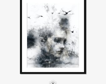 Fragmented Memory Wall digital Art, Evocative Monochromatic Digital Painting, Abstract Gothic Portrait, Pensive Emotional Art. V002