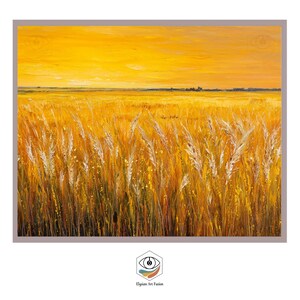 May include: An oil painting depicts a golden wheat field under a bright yellow sky. The wheat stalks are detailed with white tips, and the horizon line is visible in the distance. The artwork is framed with a gray border.