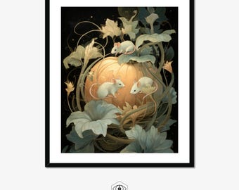 Impression d'art Souris sur citrouille : décoration murale automne Cottagecore (téléchargement numérique)