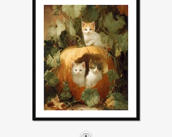 Curious Kittens in a Pumpkin, Rustic Autumnal Decor, Cute Cat Halloween Print, Cozy Fall Feline Art, Unique Gift for Cat Lovers