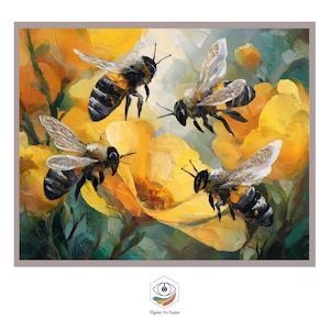 Puede incluir: Una pintura al óleo representa cuatro abejas revoloteando alrededor de vibrantes flores amarillas. Las abejas tienen cuerpos a rayas negras y amarillas y alas translúcidas. La obra de arte tiene un estilo pictórico con pinceladas visibles y una paleta de colores cálidos.