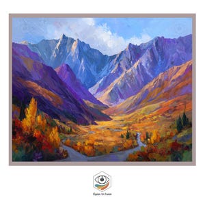 Può includere: Dipinto a olio di un paesaggio montano con una valle. Le montagne sono in tonalità di blu, viola e bianco. Il fondovalle è un mix di arancione, giallo e verde, con un fiume che lo attraversa. Il cielo è blu con nuvole bianche.