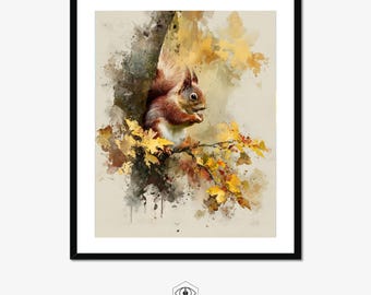 Eichhörnchen Aquarell Malerei Druck | Lebendige Herbst Wildtiere Wand Kunst | Herbst Eichhörnchen auf Ast mit Gelben Blättern Gemütliches Natur-Dekor-Geschenk