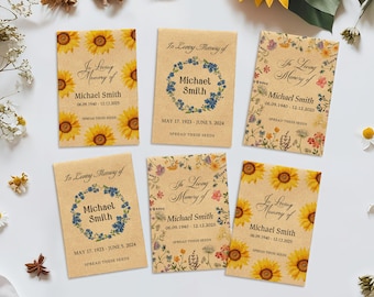 Personalized Funeral Seed Packet Favors Celebration of Life Memorial Gift Custom In Loving Memory Sunflower Forget Me Not Wildflower Seeds