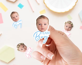 Custom Face Gender Reveal Stickers – Personalized Team Boy or Team Girl Labels for Baby Shower, Baby Picture Sticker