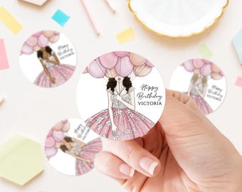 Custom Birthday Stickers for Girls – Personalized Skin & Hair Options – Pink Balloons Party Labels – 1.5/2/2.5" Favor Stickers