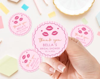 Bridal Shower Thank You Stickers – Pink Kiss Round Labels – Personalized Party Favors Packaging Tag – Custom Name & Date Stickers