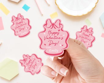 Personalized Valentine Stickers Custom Name Labels for Classroom Treats Pink Bow Die Cut Stickers Valentine Party Favors