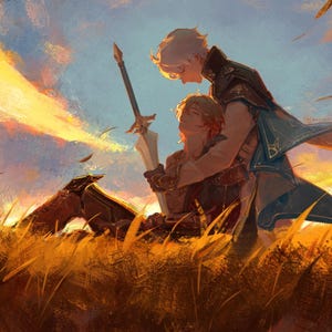 以下が含まれることがあります： 夕焼け時の野原にいる2人の人物のデジタルペインティング。一人は座って剣を持ち、もう一人は彼を抱きしめています。空はオレンジ、黄色、青が混ざり合っています。
