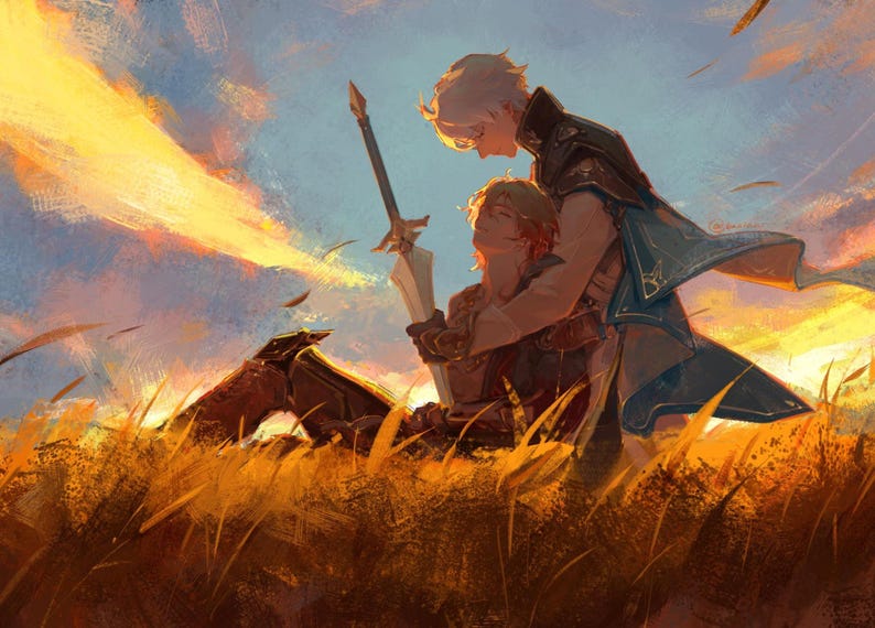 May include: Digital painting of two figures in a field of tall grass at sunset. One figure embraces the other, who is seated and holding a sword. The sky is a mix of orange, yellow, and blue.