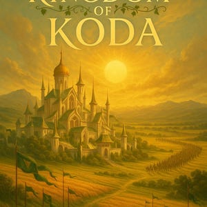 Op de afbeelding: Illustratie van een fantasielandschap met een kasteel en de tekst "THE KINGDOM OF KODA". Het kasteel staat centraal, met een gouden zon in de achtergrond. Een lange rij soldaten marcheert naar het kasteel.