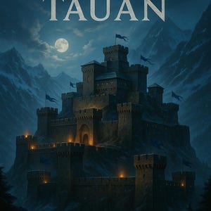 Op de afbeelding: Digitale illustratie van een middeleeuws kasteel op een berg, onder een maanverlichte hemel. Het kasteel is gemaakt van steen, met meerdere torens en vlaggen. De tekst "KINGDOM OF TAUAN" staat bovenaan de afbeelding.