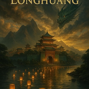 May include: Digital art depicting a fantasy landscape with a Chinese-style palace, mountains, and a green dragon. The text "THE EMPIRE OF LÓNGHUANG" is at the top. Floating lanterns illuminate the water.