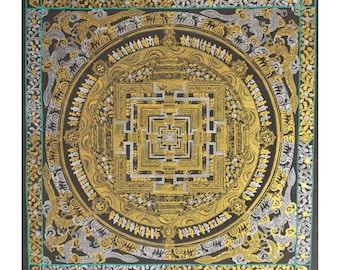 Thangka de mandala de Kalachakra pintado a mano: "Pergamino budista tibetano con detalles dorados"