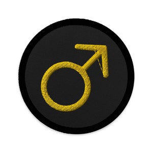 May include: A black and yellow embroidered patch with a male gender symbol.