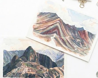 Peru Postcard| Machu Picchu Cusco| Watercolor Vintage Travel Illustration South America Travel Souvenir