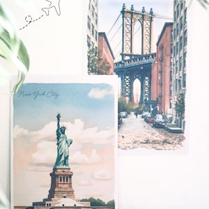 New York City Postcard| Watercolor Skyline & Landmark Art, NYC Travel Souvenir Gift