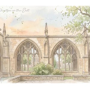 May include: A watercolor illustration of St Dunstan in the East featuring stone gothic arches, intricate window tracery, and gargoyles. The scene includes a low stone wall, green bushes, and a tree against a soft peach and blue sky.