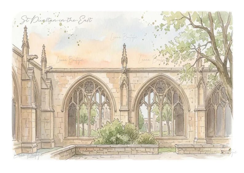 May include: A watercolor illustration of St Dunstan in the East featuring stone gothic arches, intricate window tracery, and gargoyles. The scene includes a low stone wall, green bushes, and a tree against a soft peach and blue sky.