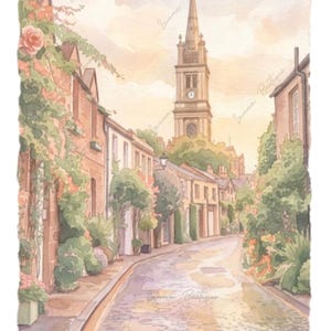May include: A watercolor painting of a cobblestone street lined with stone buildings, climbing roses, and green foliage. A tall church tower with a clock face rises in the background under a soft, warm-toned sky. The text Circus Lane is visible.