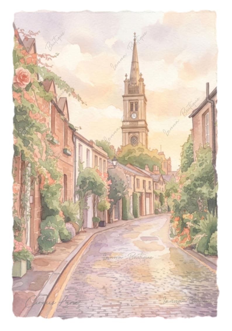 May include: A watercolor painting of a cobblestone street lined with stone buildings, climbing roses, and green foliage. A tall church tower with a clock face rises in the background under a soft, warm-toned sky. The text Circus Lane is visible.