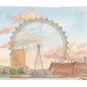 May include: A watercolor illustration of the London Eye ferris wheel set against a soft sunset sky with pink and orange clouds. The scene includes detailed depictions of nearby brick buildings, green trees, and the text London Eye.